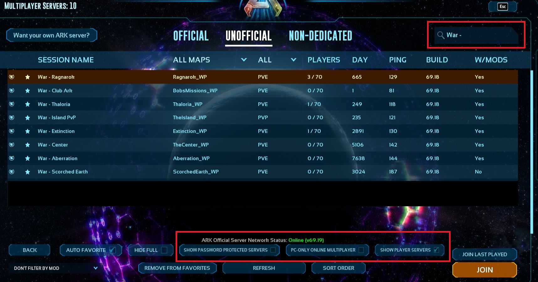 ARK server browser showing War - search and correct checkboxes