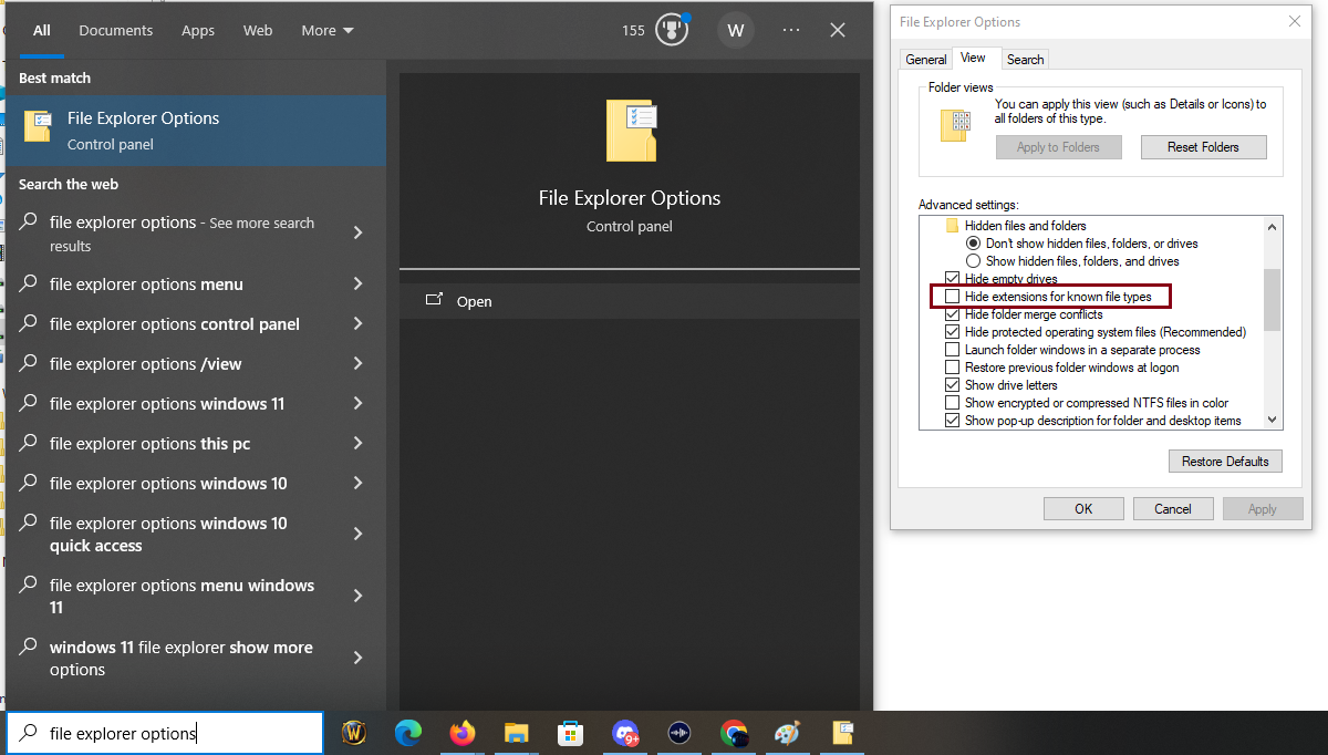 Windows File Explorer Options - show file extensions example